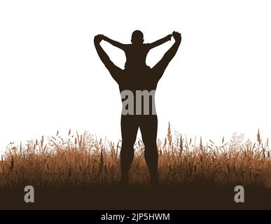 Vatertag. Silhouette eines Vaters auf den Schultern mit seinem Sohn in der Natur. Vektorgrafik Stock Vektor