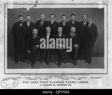 Die Jury, die Frank James, bei Gallatin, Mo., September 1883- J. Snyder, B.F. freigesprochen hat Feurt, C.R. Nance, Jos. B. Smith, B.H. Shellman, William R. Merritt, Jason Winburn, Oscar Chamberlain, Stockfoto