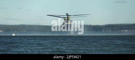 Soldaten der US-Armee mit 20. Special Forces Group (Airborne), Alabama National Guard und 2. Squadron, 107. Cavalry Regiment, Ohio National Guard, Durchführung von Helocast-Operationen von einem CH-47 Chinook Hubschrauber zum Lake Margrethe während des Northern Strike in Camp Grayling, Michigan, 11. August 2022. Northern Strike wurde entwickelt, um rund 7.400 Service-Mitglieder mit verschiedenen Schulungsformen herauszufordern, die die Interoperabilität zwischen mehreren Komponenten, multinationalen und agenturübergreifenden Partnern fördern. (USA Foto der Armee-Nationalgarde von Staff Sgt. Tegan Kucera) Stockfoto