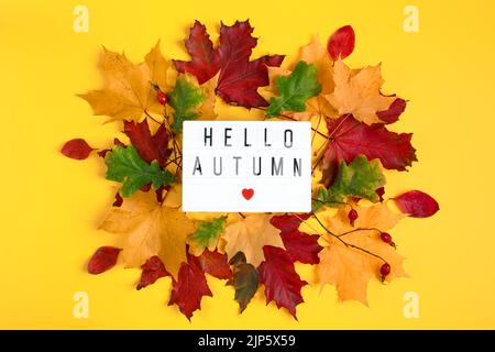 Hallo Herbst. Schild mit der Inschrift und gefallenen Blättern auf gelbem Grund. Beginn der Herbstsaison. Stockfoto