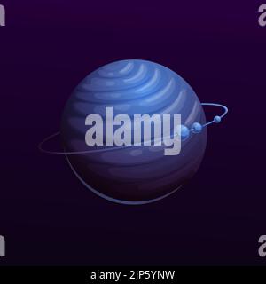 Cartoon blauen dunklen Planeten mit Ringen und Satelliten, Fantasy-Raum und Galaxie Welt Spiel, Vektor-Symbol. Außerirdischer Planet Erde im fantastischen galaktischen oder Universum, saturn mit den Astroiden auf der kosmischen Umlaufbahn Stock Vektor