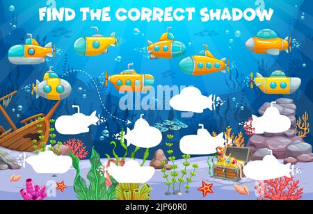 Finden Sie den richtigen Schatten von Cartoon-U-Booten und Bathyscaphes. Arbeitsblatt zum Vektor des Spiels für Kinder. Pädagogisches Puzzle-Quiz mit Silhouette der Unterwasserlandschaft und U-Boot-Shis mit Periskop Stock Vektor