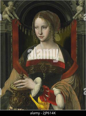 Der Meister mit dem Papagei, Saint Mary Magdalene vor einem Vorhang, unterstützt von den Engeln in einer architektonischen Nische Stockfoto