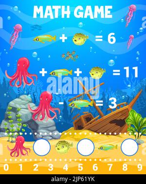 Mathe-Spiel Arbeitsblatt, Unterwasserlandschaft mit Meerestieren und Fischen. Vektor Rätsel oder Zählen Spiel von Cartoon-Fisch und Tintenfisch in blauem Meerwasser zwischen Algen, versunkenes Schiff und Riff Stock Vektor