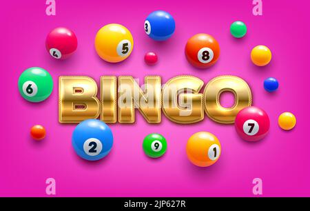 Bingo Lotterie Vektor 3D bunte Kugeln mit glücklichen Kombinationszahlen auf rosa Hintergrund. Lotto Jackpot, Keno, Casino Glücksspiel, Preisverlosung und Gewinner Erfolg Banner mit lebendigen Sphären Stock Vektor