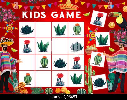 Sudoku-Spielblatt mit mexikanischen Kakteen, Männern in Sombrero und Poncho, Vektor-Pinata und Tieren. Kinder Sudoku Rätsel Spiel mit Cartoon lustige mexikanische Nachos, Tukan und Ringelblumen Stock Vektor