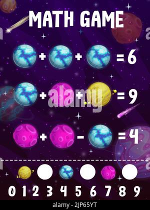 Mathe Spiel Puzzle Arbeitsblatt. Cartoon Fantasy Planeten im Galaxienraum. Kinder Mathematik Vektor Rätsel, Mathematik Quiz und Lernen spielen Aktivität mit fantastischen eisigen Planeten, Mond und Kometen im Weltraum Stock Vektor