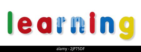 Lernen von farbigen Magnetbuchstaben auf Weiß mit Beschneidungspfad Stockfoto