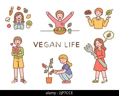 Veganes Leben. Eine Person, die ein Schwein hält. Menschen, die Gemüse anbauen und essen. Flache Design-Stil Vektor-Illustration. Stockfoto