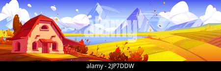 Landschaft Herbstpanorama mit Steinbauernhof, Ackerflächen, Fluss und Berge. Ländliche Szene mit Ferienhaus mit Holzstapel an der Seenküste im Herbst, Vektor-Cartoon-Illustration Stock Vektor