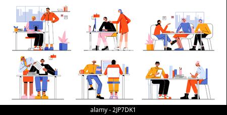 Im Büro arbeiten Menschen zusammen. Konzept von Business Meeting, Jobtraining, Führung, Praktikum mit Mentor. Vektor-flache Darstellung von Mitarbeitern oder Auszubildenden am Arbeitsplatz Stock Vektor