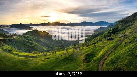 Die Touristen freuen sich, den Sonnenaufgang und das mit weißen Wolken gefüllte Tal in der Tak Po-Bergkette in Na zu beobachten Stockfoto