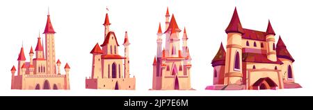 Mittelalterliche Schlösser, Paläste mit Türmchen, Fahnen, Bogenfenstern und Toren. Fantasy Magie, Prinzessin oder Fee königliche Festung, antike Architektur auf weißem Hintergrund isoliert, Cartoon-Vektor-Illustration Stock Vektor