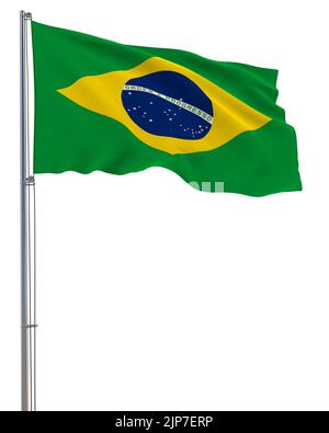 Brasilien-Flagge winkt im Wind, weißer Hintergrund, realistisches 3D Rendering-Bild Stockfoto