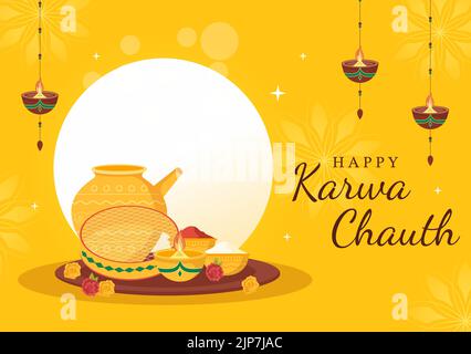 Karwa Chauth Festival Handgezeichnete flache Cartoon-Illustration, um den Neumond zu beginnen, indem man den Mondaufgang im November von Ehefrauen für ihre Ehemänner sieht Stock Vektor