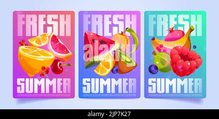 Frische Sommerplakate mit Obstscheiben und Beeren. Vektor-Werbebanner, Werbeflyer mit Cartoon-Illustration von Bananen, Wassermelone, Orange, Aprikose, Kiwi und Heidelbeere Stock Vektor