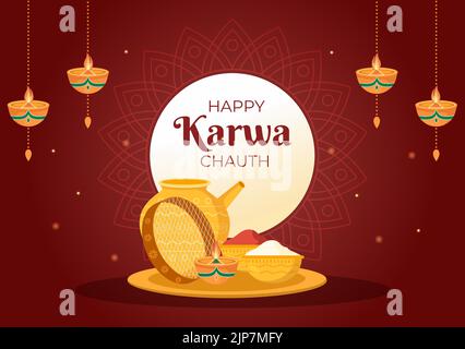 Karwa Chauth Festival Handgezeichnete flache Cartoon-Illustration, um den Neumond zu beginnen, indem man den Mondaufgang im November von Ehefrauen für ihre Ehemänner sieht Stock Vektor