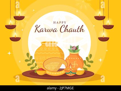 Karwa Chauth Festival Handgezeichnete flache Cartoon-Illustration, um den Neumond zu beginnen, indem man den Mondaufgang im November von Ehefrauen für ihre Ehemänner sieht Stock Vektor