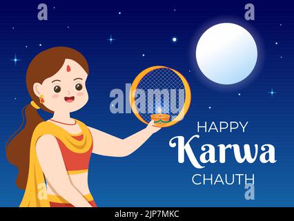 Karwa Chauth Festival Handgezeichnete flache Cartoon-Illustration, um den Neumond zu beginnen, indem man den Mondaufgang im November von Ehefrauen für ihre Ehemänner sieht Stock Vektor