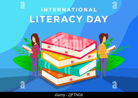 Flaches internationales Literacy Day-Banner mit Büchern und Menschen, die Buch lesen Stock Vektor