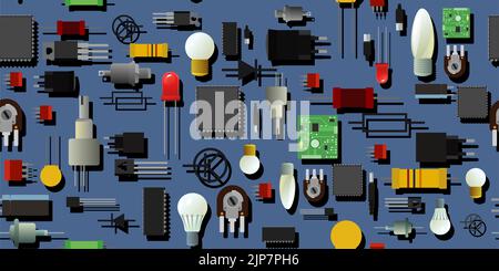 Satz von Funkkomponenten. Nahtloses Muster. Chip-Dioden-Transistor und Widerstand. Hintergrundbild. Element für Funkschaltung. Elektronik-Details. Vektor Stock Vektor