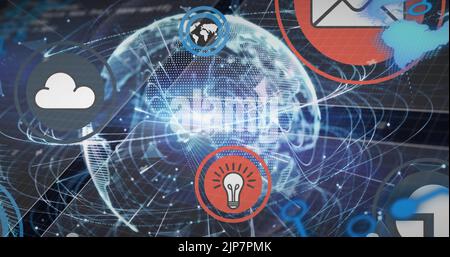 Bild von digitalen Symbolen und Datenverarbeitung auf der ganzen Welt von Netzwerk von Verbindungen Stockfoto