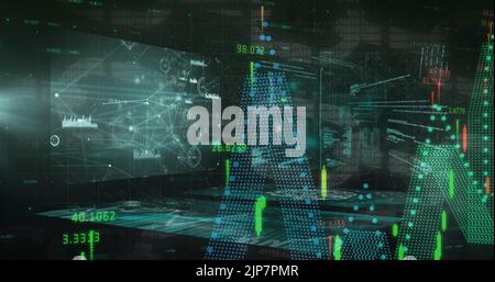 Bild von Ketten über Datenverarbeitung und digitale Bildschirme Stockfoto