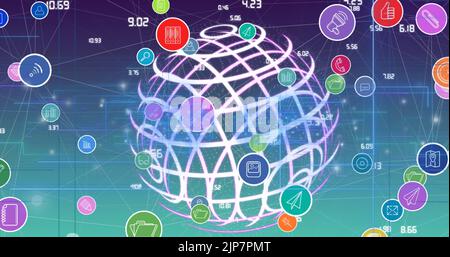 Bild eines Netzwerks von digitalen Symbolen über einem sich drehenden Globus mit blauem und grünem Hintergrund Stockfoto