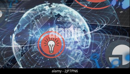 Bild von digitalen Symbolen und Datenverarbeitung auf der ganzen Welt von Netzwerk von Verbindungen Stockfoto