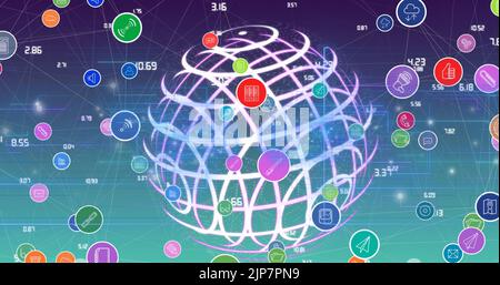 Bild eines Netzwerks von digitalen Symbolen über einem sich drehenden Globus mit blauem und grünem Hintergrund Stockfoto
