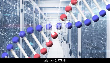 Bild der Datenverarbeitung und des dna-Strangs über dem Serverraum Stockfoto