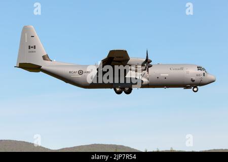 Lockheed Martin CC-130J Hercules landet auf dem Flughafen Quebec. Die Lockheed C-130 Hercules ist ein von Lockheed entwickeltes und gebautes amerikanisches viermotorisches Turboprop-Militärtransportflugzeug. Die C-130 war in der Lage, unvorbereitete Start- und Landebahnen für Start- und Landungen zu verwenden und wurde ursprünglich als Truppenflugzeuge, Medevac-Flugzeuge und Frachtflugzeuge konzipiert. Stockfoto