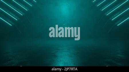 Future Neon Glow futuristisch geheimnisvoll Volumetrics Deep Blue Green Corridor Hangar Basement Underground Flurbereich Abstrakter Hintergrund 3D Illustration Stockfoto