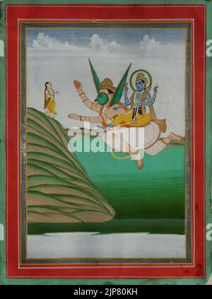 Der Salbei Narada Angebot in Bezug auf Vishnu auf Garuda Stockfoto