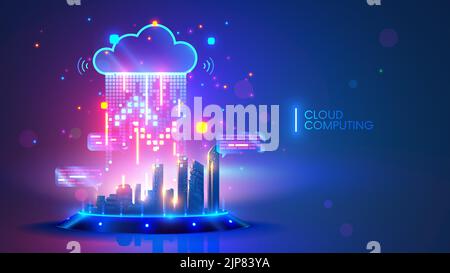 Cloud-Computing-Konzept. Smart City drahtlose Internetkommunikation mit Cloud-Speicher, Cloud-Services. Laden Sie Daten herunter, und laden Sie sie auf den Server hoch. Digitale Cloud Stock Vektor