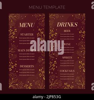 Blumenhochzeit Menüvorlage im eleganten goldenen Stil, Einladungskarten-Design mit goldenen Blüten mit Blättern, Punkten und Beeren. Dekorativer Vektorrahmen Stock Vektor
