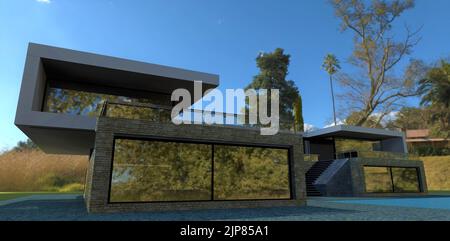 Design eines futuristischen Landhauses. Große verspiegelte Energiesparfenster. Wunderbarer sonniger Tag. 3D Rendern. Stockfoto