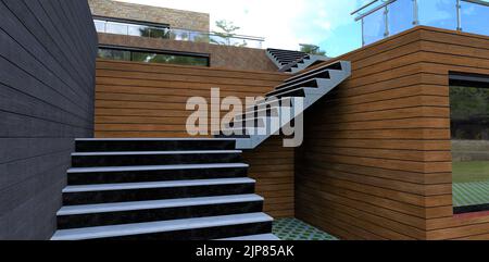 Treppenhaus-Design. Konkrete Stufen. Wanddekoration Fassadenplatte. Glasgeländer auf der Terrasse. Metallhalterung. 3D Rendern. Stockfoto