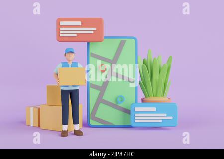 3D Lieferung Mann mit blauem Roller aus einem Mobiltelefon auf blauem Hintergrund. Männer Charaktere mit Paketen Pakete Boxen. 3D Rendern. Stockfoto