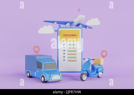 3D Rendering von schnellen Lieferservice mit LKW, Roller, Flugzeug. 3D Logistikapplikationsservice-Konzept. 3D Rendern. Stockfoto