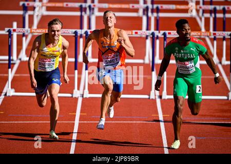 München, Deutschland. 16. August 2022. MÜNCHEN, DEUTSCHLAND - 16. AUGUST: Koen Smet aus den Niederlanden tritt bei den 110m Hürden der Männer während der Europameisterschaft München 2022 im Olympiastadion am 16. August 2022 in München an (Foto: Andy Astfalck/BSR Agency) Credit: Orange Pics BV/Alamy Live News Stockfoto