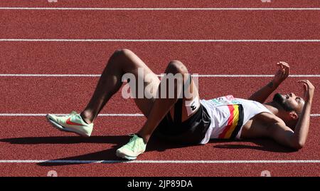 München 2022, Deutschland. 16. August 2022. Der Belgier Michael Obasuyi reagiert nach den Vorläufen beim Hürdenlauf der Männer 110m am zweiten Tag der Leichtathletik-Europameisterschaft, am Dienstag, dem 16. August 2022, in München 2022, Deutschland. Die zweite Auflage der Europameisterschaften findet vom 11. Bis 22. August statt und umfasst neun Sportarten. BELGA FOTO BENOIT DOPPAGNE Kredit: Belga Nachrichtenagentur/Alamy Live News Stockfoto