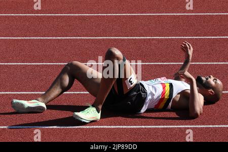 München 2022, Deutschland. 16. August 2022. Der Belgier Michael Obasuyi reagiert nach den Vorläufen beim Hürdenlauf der Männer 110m am zweiten Tag der Leichtathletik-Europameisterschaft, am Dienstag, dem 16. August 2022, in München 2022, Deutschland. Die zweite Auflage der Europameisterschaften findet vom 11. Bis 22. August statt und umfasst neun Sportarten. BELGA FOTO BENOIT DOPPAGNE Kredit: Belga Nachrichtenagentur/Alamy Live News Stockfoto