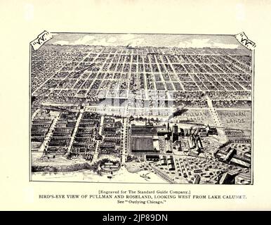 Blick aus der Vogelperspektive auf Pullman und den Vorort Roseland, Blick nach Westen vom Lake Calumet aus dem Buch Chicago, The Marvelous City of the West : eine Geschichte, eine Enzyklopädie und ein Reiseführer : 1893 : Illustrated by John Joseph Flinn, Publisher Chicago : Flinn & Sheppard Stockfoto