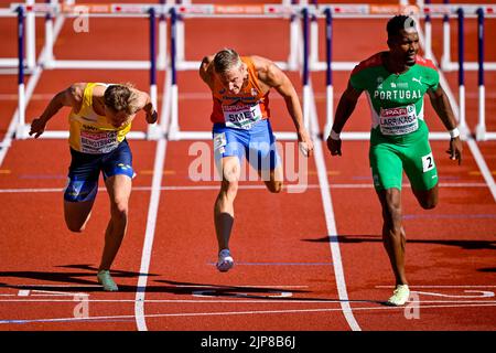 München, Deutschland. 16. August 2022. MÜNCHEN, DEUTSCHLAND - 16. AUGUST: Koen Smet aus den Niederlanden tritt bei den 110m Hürden der Männer während der Europameisterschaft München 2022 im Olympiastadion am 16. August 2022 in München an (Foto: Andy Astfalck/BSR Agency) Credit: Orange Pics BV/Alamy Live News Stockfoto