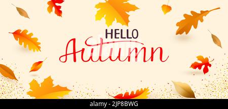 Hallo, Herbst. Minimaler Hintergrund mit herbstgelben, orangen Blättern. Der Herbst geht für die Gestaltung von Bannern, Plakaten, Werbung, Postkarten, Verkäufen Stock Vektor