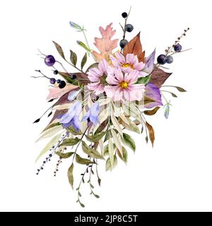 Aquarell-Set aus handgezeichneten Elementen mit Herbstblumen, Beeren, Gräsern, Ästen und Blättern. Isoliert auf weißem Hintergrund. Design für die Einladung Stockfoto