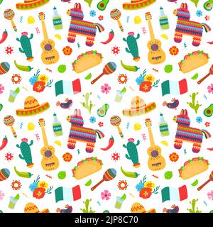 Nahtloses Muster mit mexikanischen Elementen. Sombrero, Gitarre und Kaktus, Tequila und Chili traditionelle amerikanische Kultur Symbole Vektor-Textur. Feiertagsfeier mit traditionellen mexikanischen Symbolen Stock Vektor