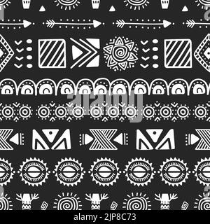 Afrikanisches Nahtmuster. Tribal African abstrakte geometrische Formen, Pfeil und Sonne Elemente. Handgezeichnete grafische Vektorstruktur in Schwarz und Weiß. Kreative ethnische Kunst mit Kreisen, Quadraten auf Ornamenten Stock Vektor