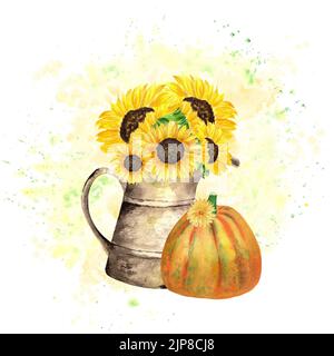Ein Herbstgarten Komposition. Eine Reihe von Aquarell-Illustrationen zum Thema Herbsternte. Ein alter Gartenkrug mit einem Bouquet von Sonnenblumen, c Stockfoto